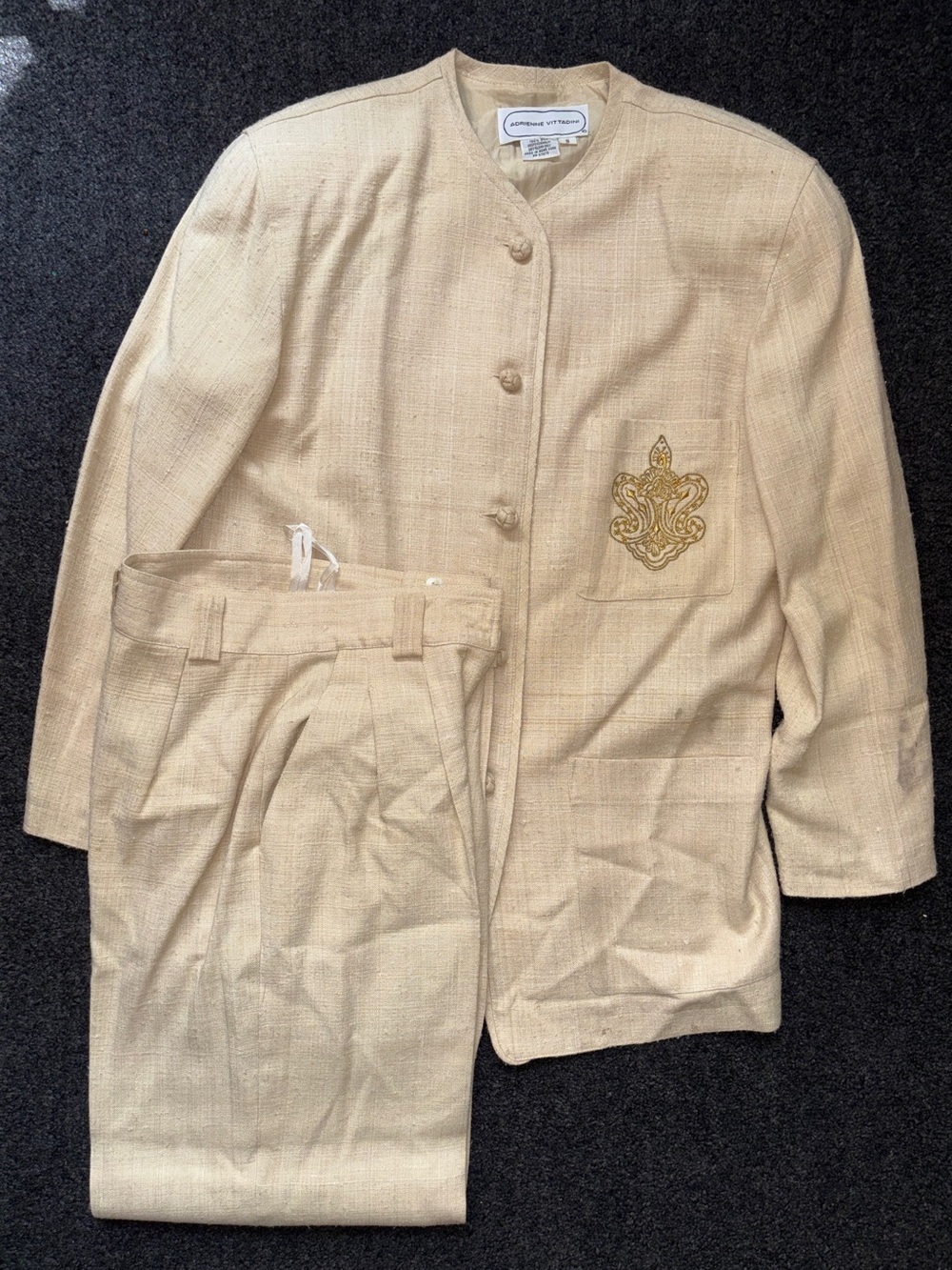 Rare Vtg Embroidered Adrienne Vittadini Women’s 100% Raw Silk Pants Suit Sz S/4